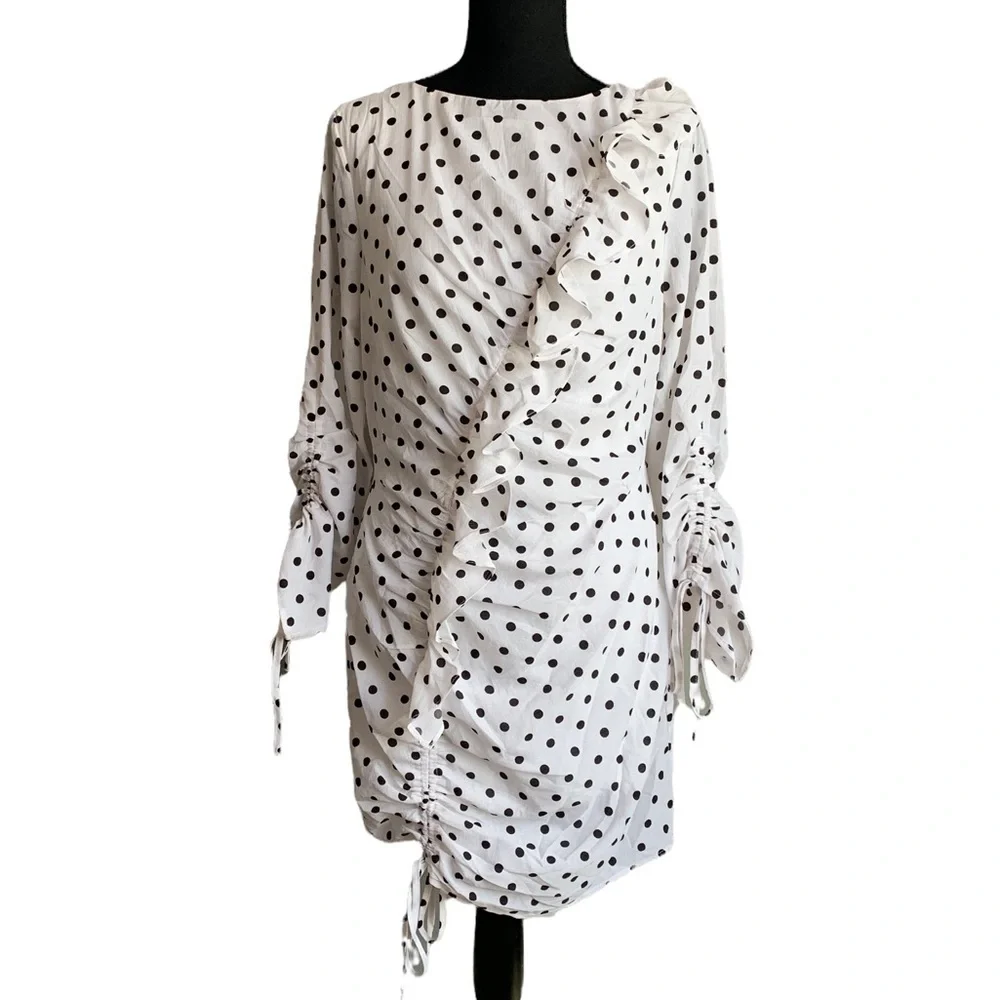 Blue Bush Black & White Polka Dot Ruffle Ruched Woven Dress Size Large